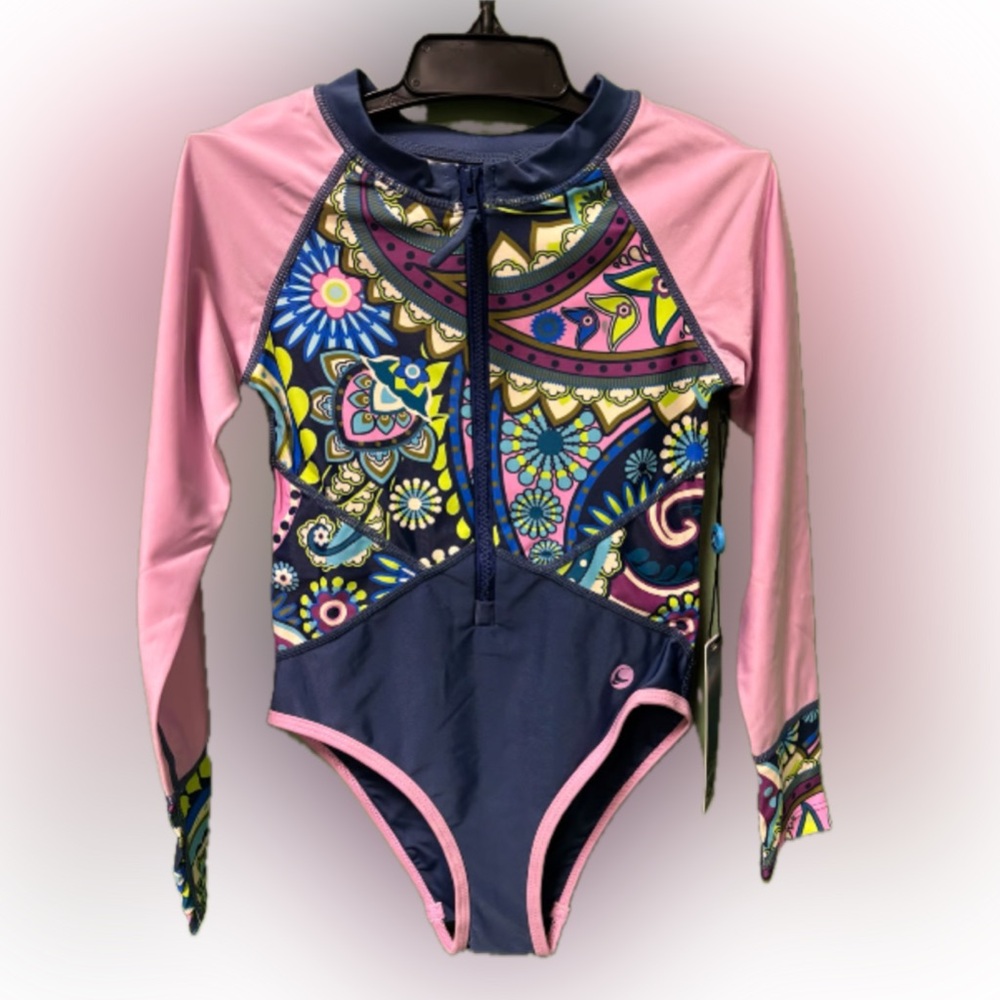 Vibrant Kids One Piece Swimsuit with Pink and Blue Patterns NWT